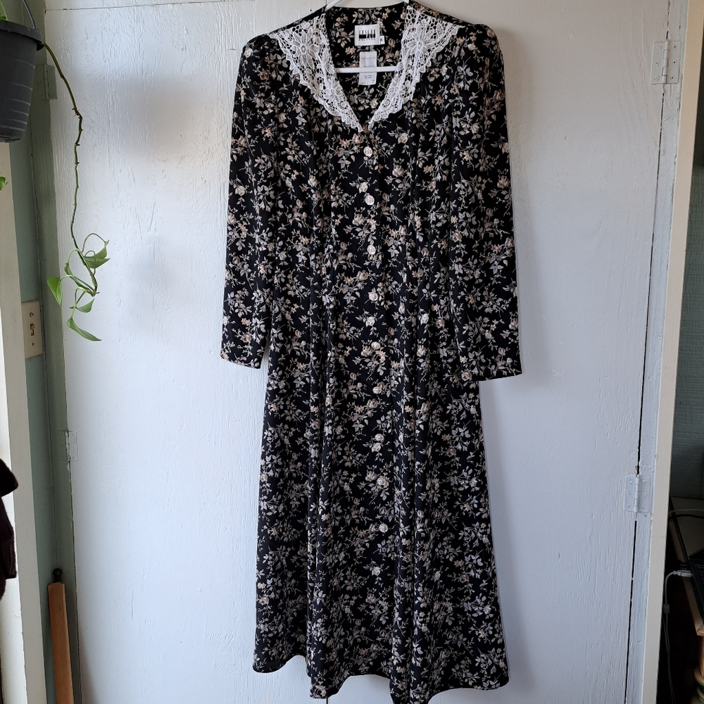 Vintage Black Floral Lace Trim Midi Dress SZ 6-8